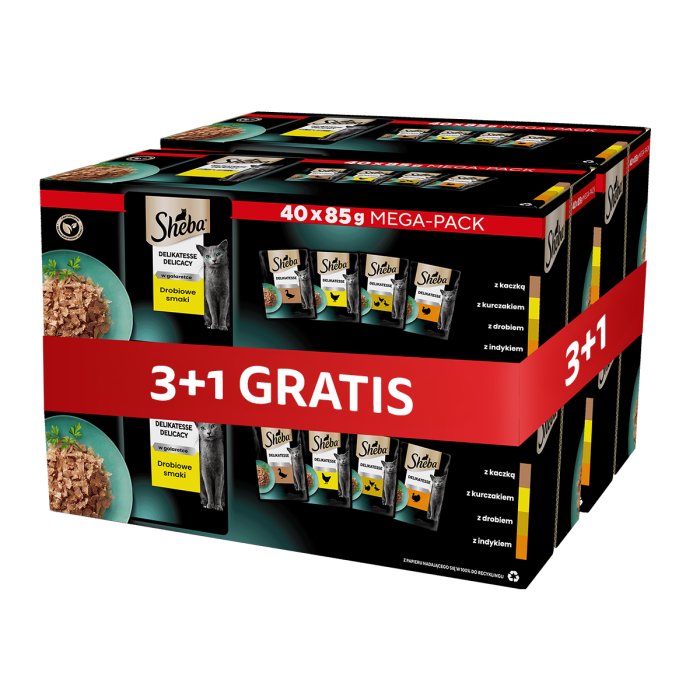 SHEBA Delicacy Drobiowe Smaki saszetki 4 x 40x85 g mokra karma pełnoporcjowa dla dorosłych kotów w galaretce kawałki z kaczką, kurczakiem, drobiem i indykiem 3+1 GRATIS