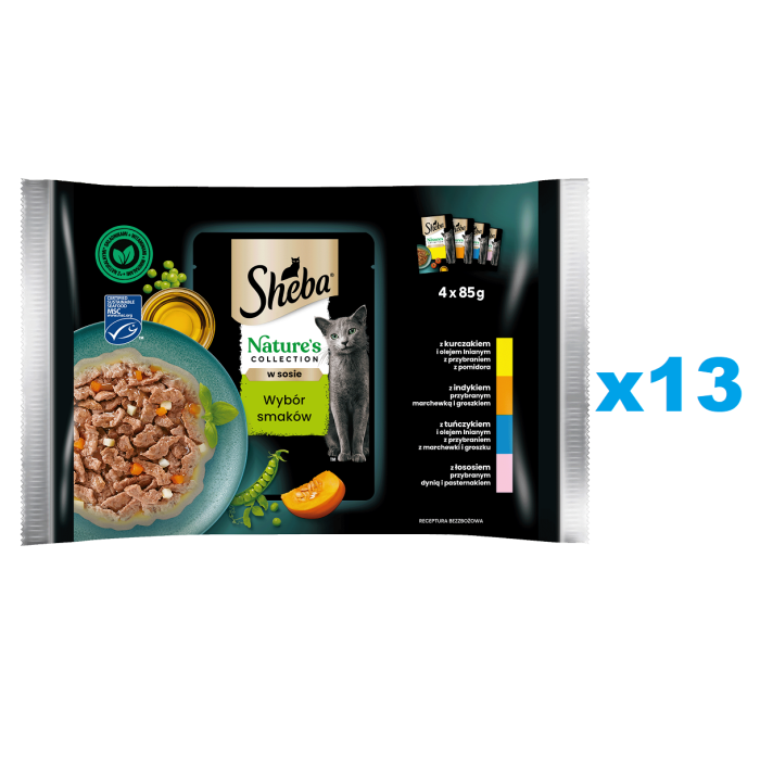 SHEBA Nature’s Collection Wybór Smaków 52x85 g mokra karma pełnoporcjowa dla dorosłych kotów w sosie kawałki z kurczakiem, indykiem, tuńczykiem, łososiem