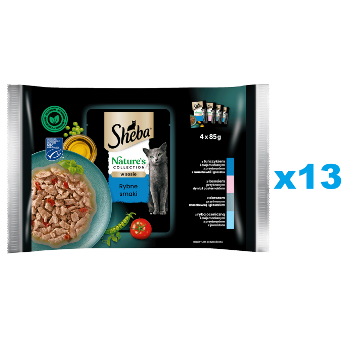 SHEBA Nature’s Collection Rybne Smaki 52x85 g mokra karma pełnoporcjowa dla dorosłych kotów w sosie kawałki z tuńczykiem, łososiem, dorszem, rybą oceaniczną