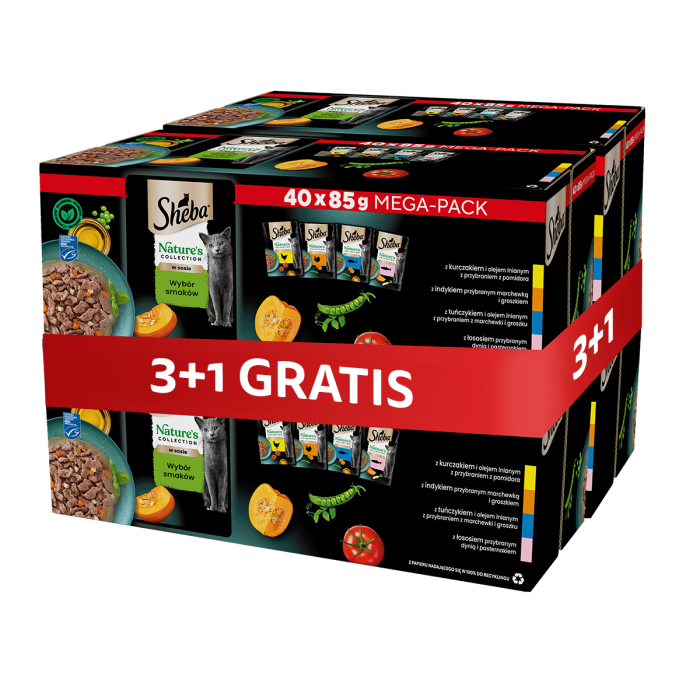 SHEBA Nature’s Collection Wybór Smaków w sosie mokra karma pełnoporcjowa dla dorosłych kotów 4 x 40x85 g 3+1 GRATIS