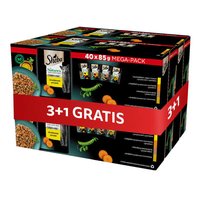 SHEBA Nature’s Collection Drobiowe Smaki 4 x 40x85 g w galaretce kawałki z kurczakiem, indykiem, kaczką, drobiem dla dorosłych kotów 3+1 GRATIS
