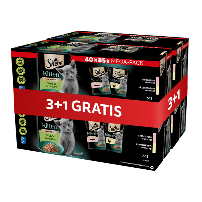 SHEBA Kitten Wybór Smaków saszetki 4 x 40x85 g w sosie kawałki z łososiem, kurczakiem dla kociąt 3+1 GRATIS