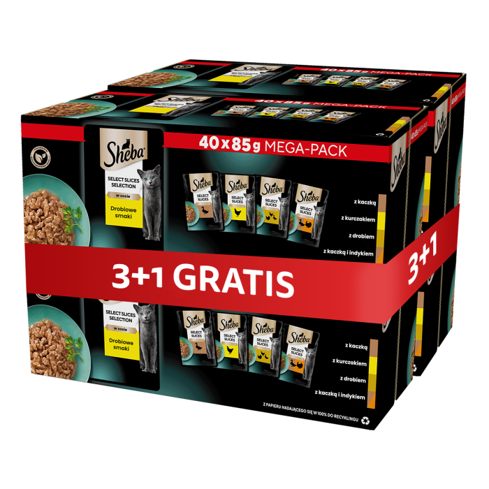 SHEBA Selection Select Slices Drobiowe Smaki saszetki 4 x 40x85 g w sosie kawałki z: kaczką, kurczakiem, drobiem, kaczką i indykiem dla dorosłych kotów 3+1 GRATIS