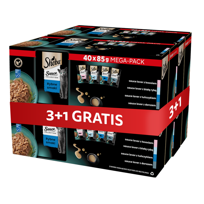 SHEBA Sauce Collection Rybne Smaki saszetki w sosie 4 x 40x85 g z łososiem, białą rybą, tuńczykiem, dorszem 3+1 GRATIS