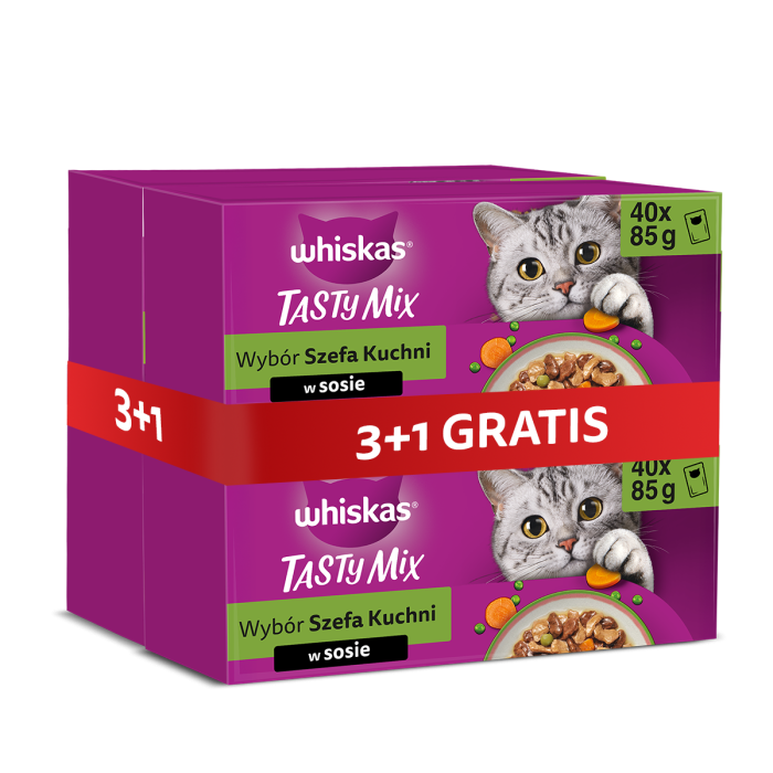 WHISKAS Adult Tasty Mix Wybór Szefa Kuchni 4 x 40x85 g mokra karma pełnoporcjowa dla dorosłych kotów w sosie 3+1 GRATIS