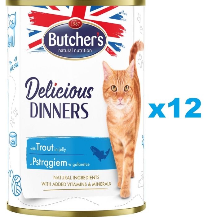 BUTCHER'S Delicious Dinners, karma dla kota, kawałki z pstrągiem w galaretce 12 x 400g