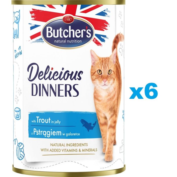 BUTCHER'S Delicious Dinners, karma dla kota, kawałki z pstrągiem w galaretce 6 x 400g