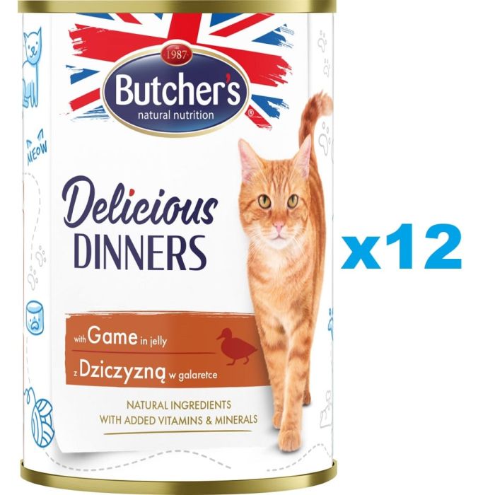 BUTCHER'S Delicious Dinners, karma dla kota, kawałki z dziczyzną w galaretce 12 x 400g