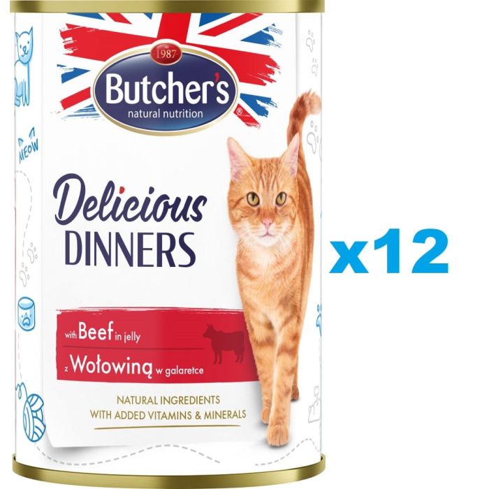 BUTCHER'S Delicious Dinners, karma dla kota, kawałki z wołowiną w galaretce 12 x 400g