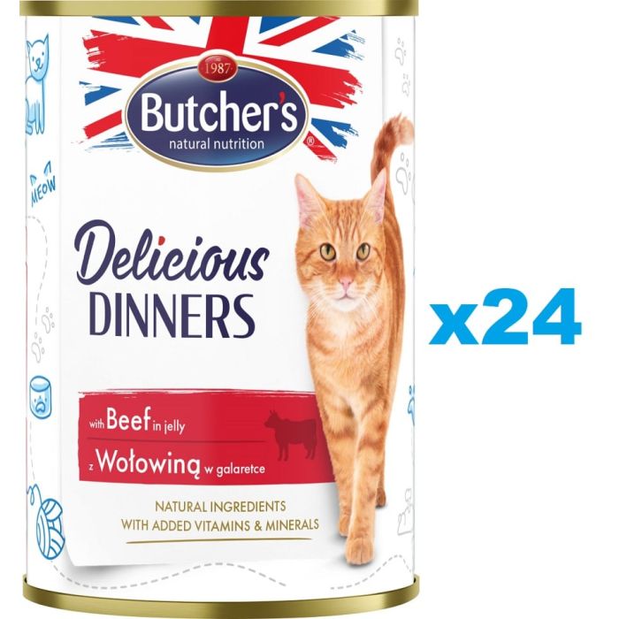 BUTCHER'S Delicious Dinners, karma dla kota, kawałki z wołowiną w galaretce 24 x 400g