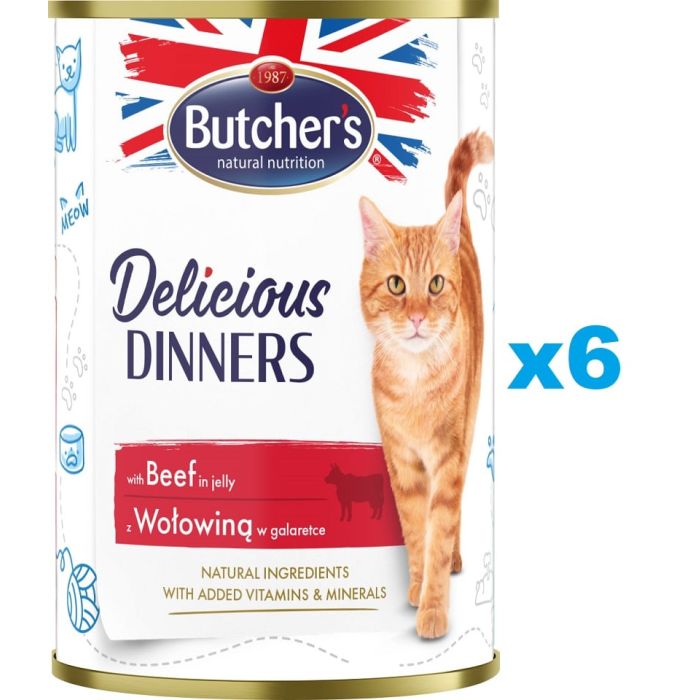 BUTCHER'S Delicious Dinners, karma dla kota, kawałki z wołowiną w galaretce 6 x 400g