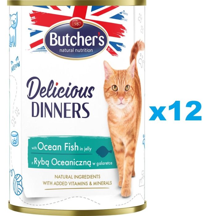 BUTCHER'S Delicious Dinners, karma dla kota, kawałki z rybą morską w galaretce 12 x 400g