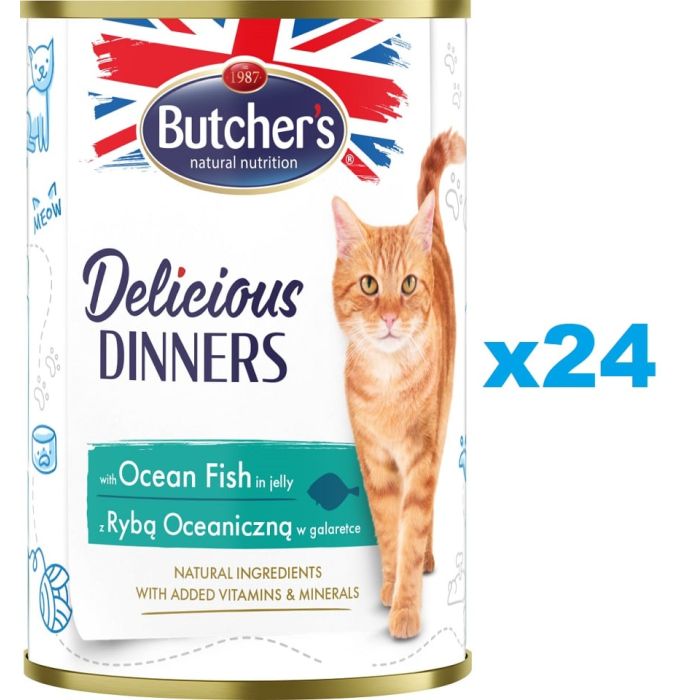 BUTCHER'S Delicious Dinners, karma dla kota, kawałki z rybą morską w galaretce 24 x 400g