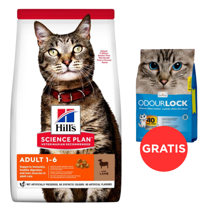HILL'S Science Plan Feline Adult with Lamb 10kg dla dorosłych kotów z jagnięciną + żwirek dla kotów 6 kg GRATIS