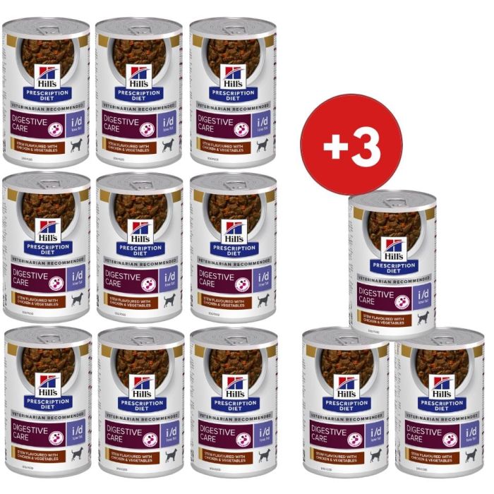 HILL'S Prescription Diet Canine i/d Low Fat Digestive Care Stew z kurczakiem i warzywami 9x354 g + 3 puszki GRATIS!