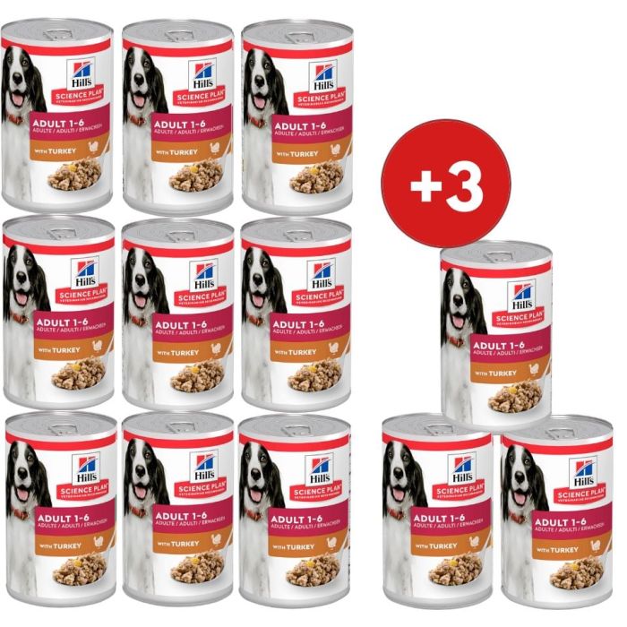 HILL'S Science Plan Canine Adult Turkey 9x370 g dla dorosłych psów z indykiem + 3 puszki GRATIS!