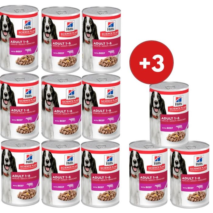 HILL'S Science Plan Canine Adult Beef 9x370 g dla dorosłych psów z wołowiną + 3 puszki GRATIS!