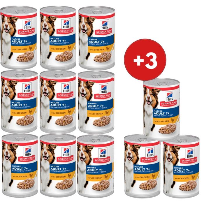 HILL'S Science Plan Canine Mature Adult Chicken 9x370 g dla starszych psów z kurczakiem + 3 puszki GRATIS!