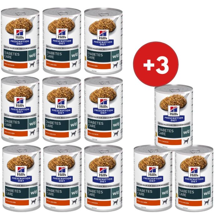 HILL'S Prescription Diet Canine w/d Diabetes Care z kurczakiem 9x370 g + 3 puszki GRATIS!