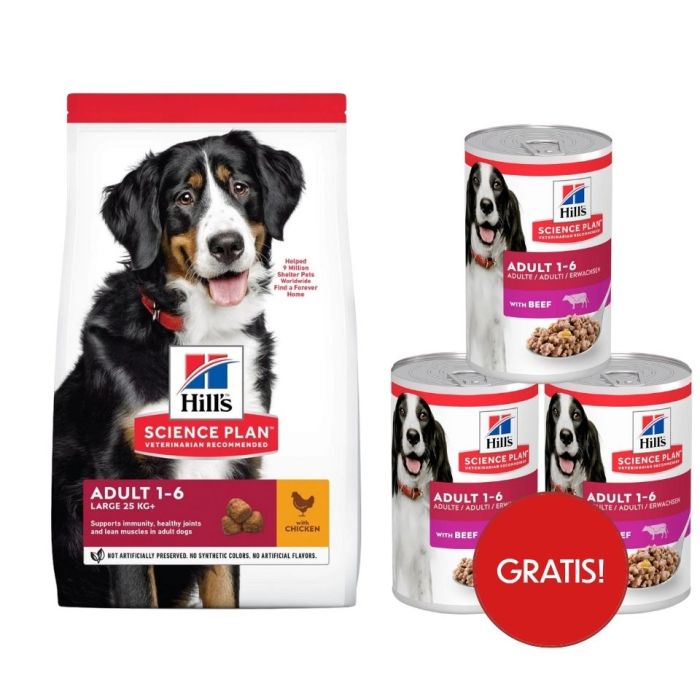 HILL'S Science Plan Canine Adult Large breed Chicken 18 kg karma dla psów ras dużych kurczak + 3 puszki mokrej karmy HILL"s GRATIS