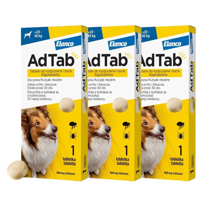 ELANCO AdTab 900 mg 3 tabletki na kleszcze i pchły do rozgryzania i żucia dla psów (>22–45 kg)
