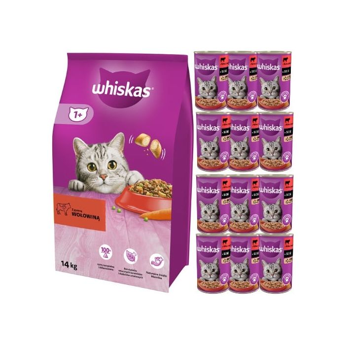 WHISKAS Adult 14kg sucha karma pyszna wołowina + WHISKAS Adult 12x400 g mokra karma z wołowiną w sosie