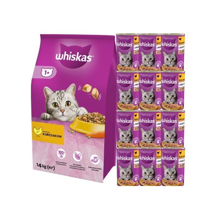 WHISKAS Adult 14kg sucha karma z pysznym kurczakiem + WHISKAS Adult 12x400 g mokra karma z kurczakiem w galaretce