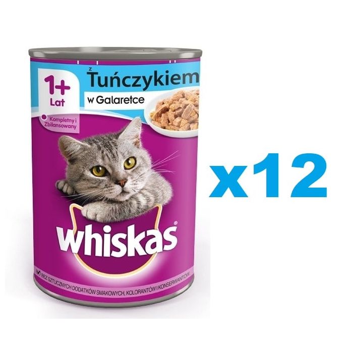 WHISKAS Adult puszka 12x400 g - mokra karma pełnoporcjowa dla dorosłych kotów, kawałki z tuńczykiem w galaretce