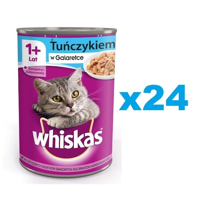 WHISKAS Adult puszka 24x400 g - mokra karma pełnoporcjowa dla dorosłych kotów, kawałki z tuńczykiem w galaretce