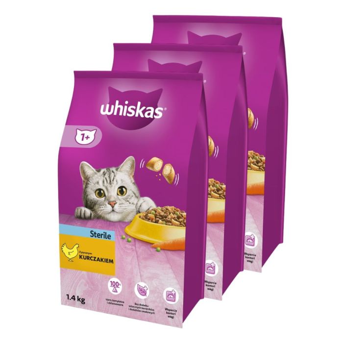 WHISKAS Sterile 3x1.4 kg sucha karma z kurczakiem dla kotów sterylizowanych