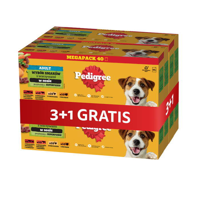 PEDIGREE Adult Wybór Smaków z warzywami saszetki 4 x 40x100 g mokra karma pełnoporcjowa dla dorosłych psów, z mieszanką wołowiny i jagnięciny, z mieszanką wołowiny i wątróbki, z kurczakiem, z indykiem, w sosie 3+1 GRATIS