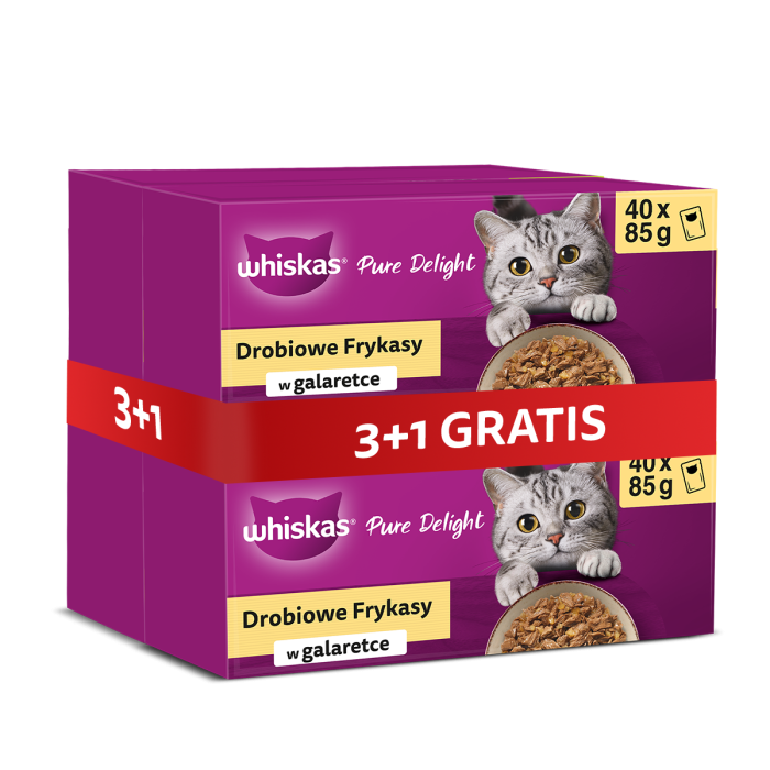 WHISKAS Potrawka Adult 4 x 40x85g Smaki Drobiowe mokra karma dla kotów w galaretce (z kurczakiem, z kaczką, z drobiem, z indykiem) 3+1 GRATIS