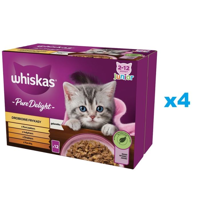 WHISKAS Junior saszetka 48x85g Drobiowe Frykasy mokra karma dla kociąt w galaretce z: kurczakiem, indykiem, drobiem, kaczką