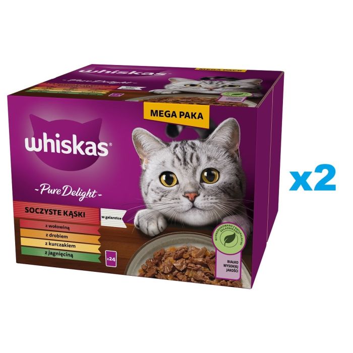 WHISKAS Adult Pure Delight Soczyste Kąski w galaretce 48x85 g kawałki z wołowiną, kurczakiem, jagnięciną, drobiem dla dorosłych kotów