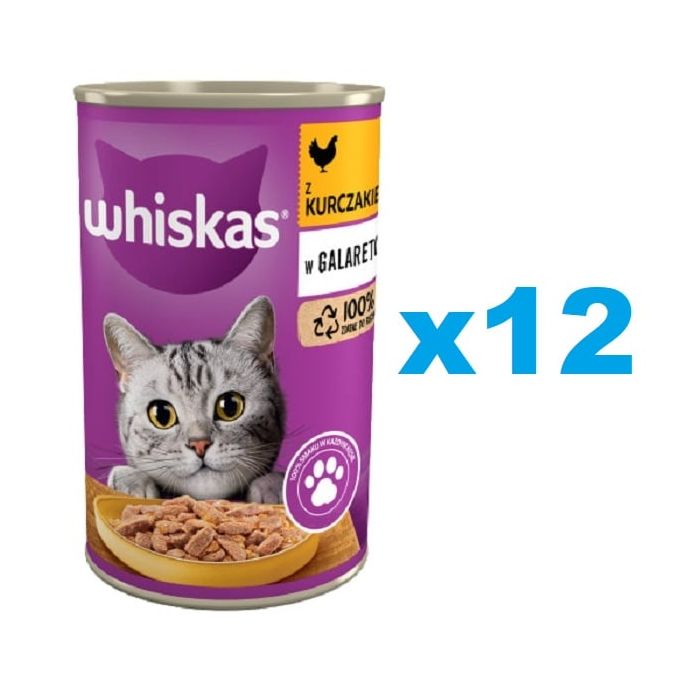 WHISKAS Adult puszka 12x400 g - mokra karma pełnoporcjowa dla dorosłych kotów, kawałki z kurczakiem w galaretce