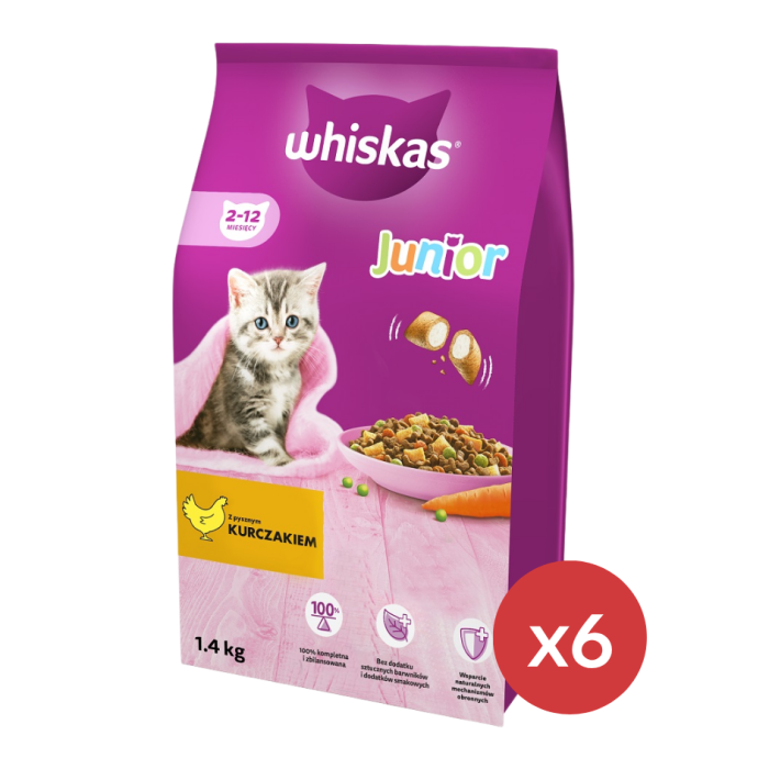 WHISKAS Junior 6 x 1,4 kg  sucha karma pełnoporcjowa dla kociąt  z pysznym kurczakiem