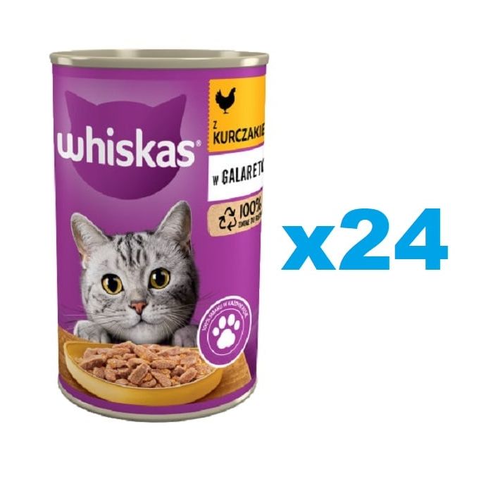 WHISKAS Adult puszka 24x400 g - mokra karma pełnoporcjowa dla dorosłych kotów, kawałki z kurczakiem w galaretce