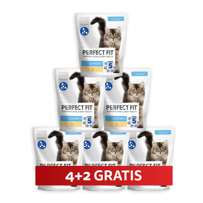 PERFECT FIT Junior <1 6 x 750 g sucha karma pełnoporcjowa dla kociąt bogata w kurczaka 4+2 GRATIS