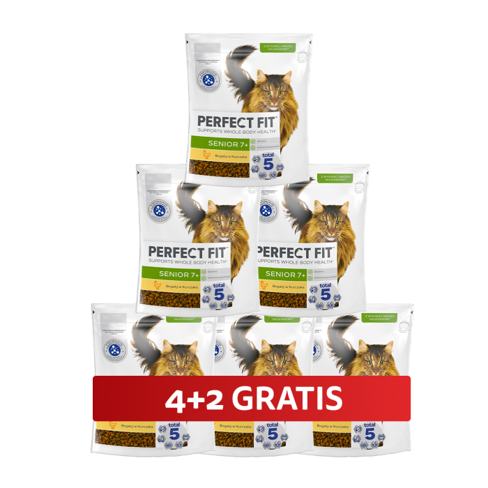 PERFECT FIT Senior 7+ 6 x 750 g sucha karma pełnoporcjowa dla starszych kotów bogata w kurczaka 4+2 GRATIS