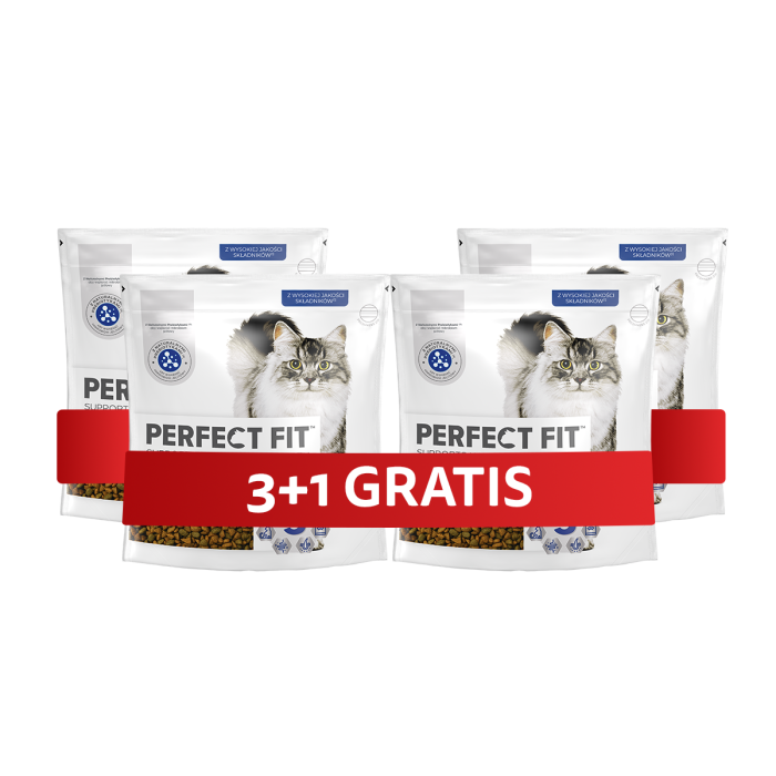 PERFECT FIT Indoor 1+ 4 x 750 g sucha karma pełnoporcjowa dla dorosłych kotów bogata w kurczaka 3+1 GRATIS