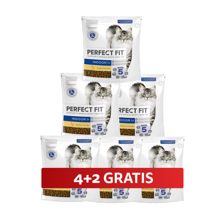 PERFECT FIT Indoor 1+ 6 x 750 g sucha karma pełnoporcjowa dla dorosłych kotów bogata w kurczaka 4+2 GRATIS