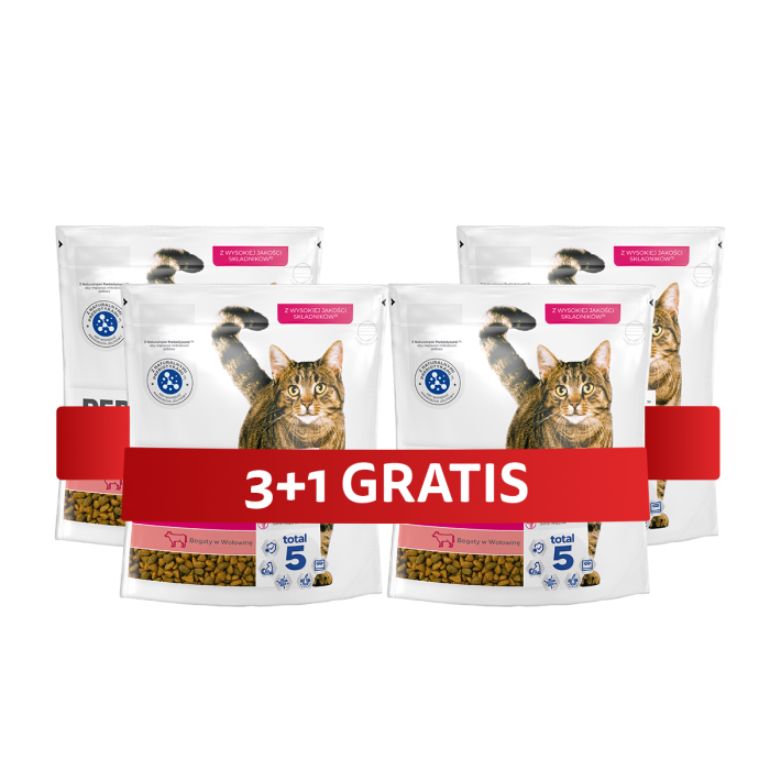 PERFECT FIT Active 1+ 4 x 750 g sucha karma pełnoporcjowa dla dorosłych kotów bogata w wołowinę 3+1 GRATIS