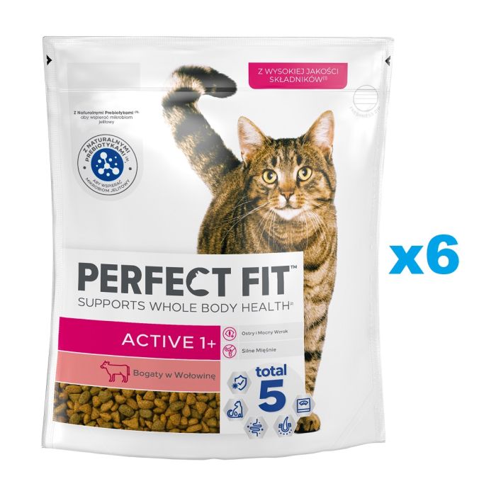 PERFECT FIT Active 1+ 6x750 g sucha karma pełnoporcjowa dla dorosłych kotów bogata w wołowinę