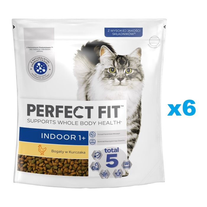 PERFECT FIT Indoor 1+ 6x750 g sucha karma pełnoporcjowa dla dorosłych kotów bogata w kurczaka