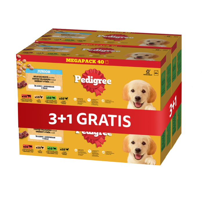 PEDIGREE Junior Wybór Smaków z ryżem saszetki 4 x 40x100 g mokra karma pełnoporcjowa dla szczeniąt kawałki  w galaretce 3+1 GRATIS