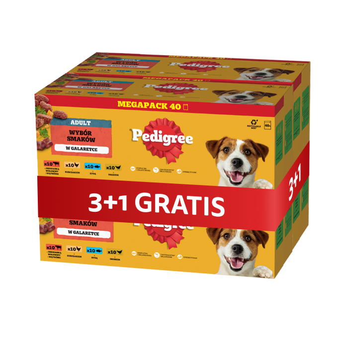 PEDIGREE Adult Wybór Smaków saszetki 4 x 40x100 g mokra karma pełnoporcjowa dla dorosłych psów, z mieszanką wołowiny i wątróbki, z kurczakiem, z rybą, z drobiem, w galaretce 3+1 GRATIS