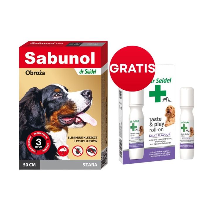 DR SEIDEL Sabunol GPI Obroża przeciw pchłom i kleszczom dla psów 50 cm szara + DR SEIDEL Taste and Play Roll-on 15 ml GRATIS
