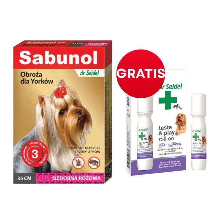 DR SEIDEL Sabunol GPI Obroża przeciw pchłom i kleszczom dla Yorków i psów ras małych 35 cm ozdobna różowa + DR SEIDEL Taste and Play Roll-on 15 ml GRATIS