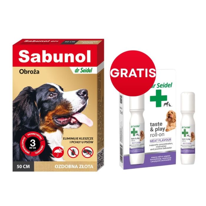 DR SEIDEL Sabunol GPI Obroża przeciw pchłom i kleszczom dla psów 50 cm ozdobna złota + DR SEIDEL Taste and Play Roll-on 15 ml GRATIS