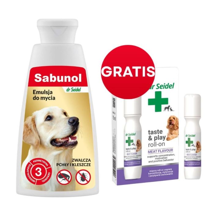DR SEIDEL Sabunol Emulsja do mycia przeciw pchłom i kleszczom 150 ml + DR SEIDEL Taste and Play Roll-on 15 ml GRATIS